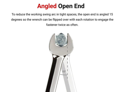 24 Millimeter Combination Wrench With 15 Degree Angled Open End And 12 Point Box End For Extra Access In Tight Spaces Pro Grade Heavy Duty Tool For Quick Double Engagement Of Fasteners, focusing on the angled open end.