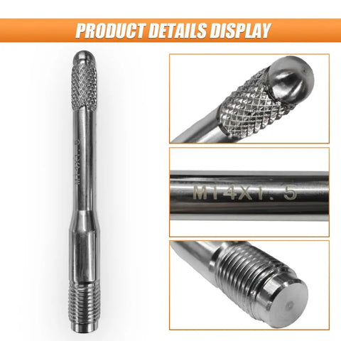 Close-up of Stainless Steel Wheel Alignment Pin And Tool Kit For Most Cars showing M14x1.5 markings and threaded design