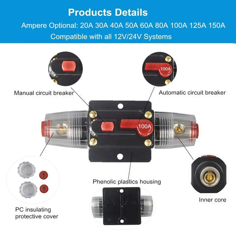 100A Auto Audio Inline Circuit Breaker With Manual Reset For 12V 24V DC Systems Protect Car Stereo And Marine Boat Audio From Overload And Short Circuit Ideal For Amps And Power Inverters., black phenolic plastic housing with clear PC cover and red 100A reset button