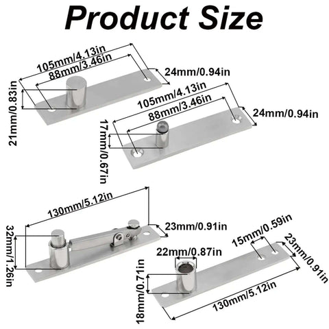 Heavy Duty Pivot Hinge for Wood Doors Stainless Steel Hidden Door Hinge with size dimensions labeled