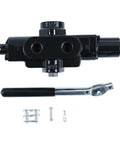 NETYANPI hydraulic directional control valve, front view with lever kit, black metal body, 3/4in inlet/outlet, 1/2in ports.