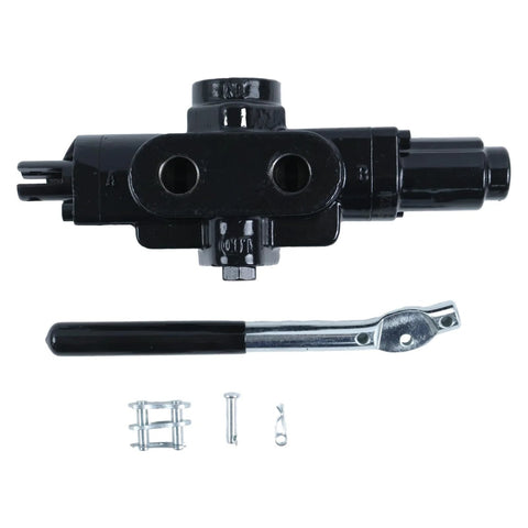 NETYANPI hydraulic directional control valve, front view with lever kit, black metal body, 3/4in inlet/outlet, 1/2in ports.