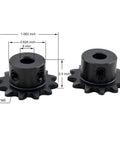 Front view of Two Pack No 25 Roller Chain Sprockets Type B 6mm Bore 12 Tooth Hardened 1045 Steel with measurement details.