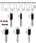 Pro Grade Six Piece Straight Router Bit Set With One Quarter Inch Shank Carbide Tipped Two Flute Bits For Woodworking Grooving Rabbet Cuts And Jointing In Diameters From One Quarter To Three Quarters Inch For A Smooth Planed Finish diagram