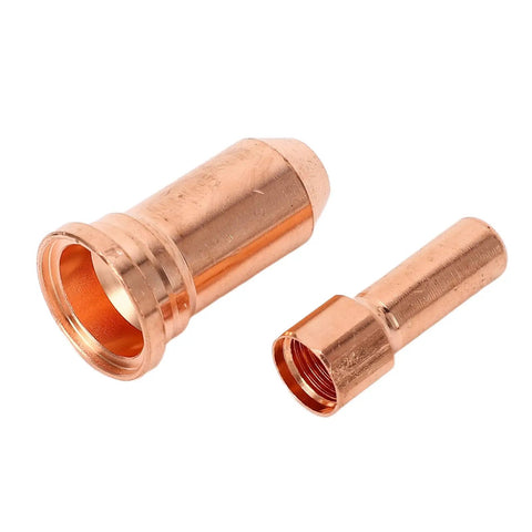 Fabater Plasma Electrode Nozzle 1.5mm Copper High Temp Cutter Torch Consumables 10Pcs Set, angled view of two copper nozzles.