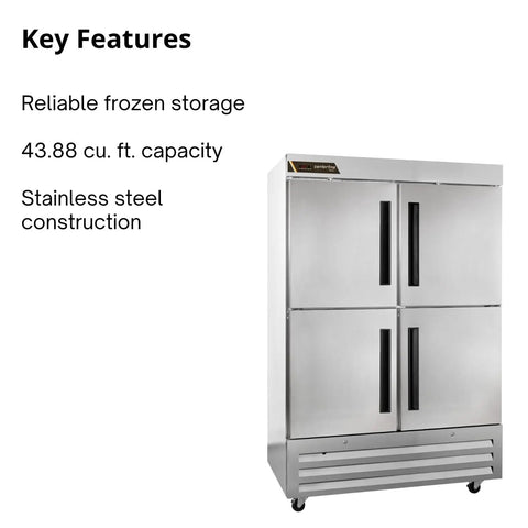 The Real Deal Heavy Duty Reach In Freezer With Two Section Split Solid Doors Serious 43 Cubic Foot Capacity Top Shelf Cold Storage Built Tough For Bustling Kitchens And High Volume Food Service, stainless steel, 43.88 cu. ft.
