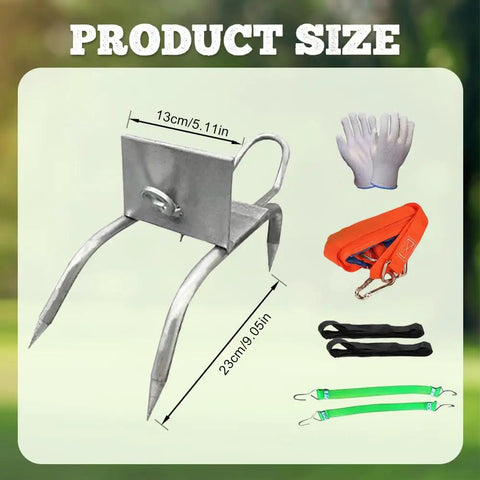 High Grip Tree Climbing Shoes With Cat Claw Spikes Set showing iron construction with accessories for outdoor adventures.