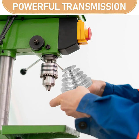 Premium Hardcore Heavy Duty Multi V Groove Aluminum Drill Press Pulley Step Belt Drive Sheave in hand, installed on drill press.