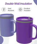 16 Oz Double Wall Insulated Desk Mug With Lid And Handle Set Of Two BPA Free Reusable Plastic in purple and blue colors.