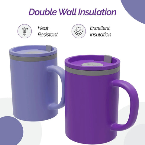 16 Oz Double Wall Insulated Desk Mug With Lid And Handle Set Of Two BPA Free Reusable Plastic in purple and blue colors.