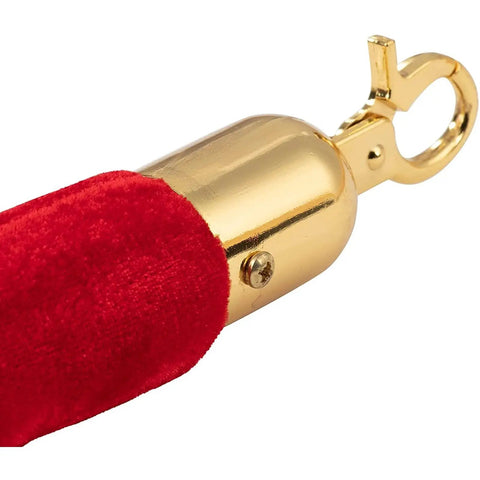 Close-up of Red Velvet Stanchion Rope Set With Gold Stanchions For Elegant Crowd Control Plush Barrier Ropes For Home Theater And Party Decor