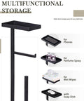 Matte Black Free Standing Toilet Paper Holder With Shelf For Bathroom, showing multifunctional storage for essentials
