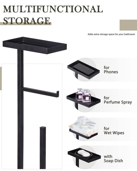Matte Black Free Standing Toilet Paper Holder With Shelf For Bathroom, showing multifunctional storage for essentials