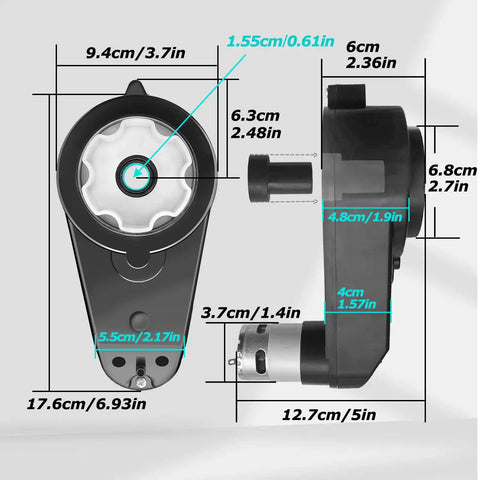 Two Pack 1.9cm 0.74in 24V RS555 40000RPM Fast Drive Motor Gearbox Upgrade For Kid's Ride On Toys Replacement Parts, side and front view, measurements labeled.