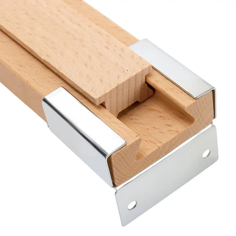 Solid As A Rock Wooden Drawer Slides Six Pack 15.7 Inch Center Tracks with Metal Rollers, close-up of wooden track and brackets.