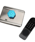 Rock Hard Aluminum Alloy Smart Deadbolt Featuring Rapid Fingerprint Reader Dual Key Cards App Management And Quick Password Code on a surface with a key card reader.