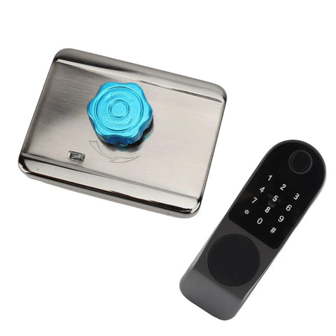 Foolproof Smart Biometric Door Lock With Wireless App Control And Instant Keyless Entry Heavy Duty Aluminum Alloy Fingerprint Deadbolt view with key pad and blue knob.