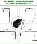 Diagram showing adjustable brackets of 16 inch metal rectangular railing planter set for outdoor plants, black.