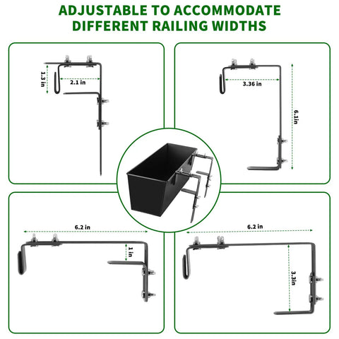 Diagram showing adjustable brackets of 16 inch metal rectangular railing planter set for outdoor plants, black.