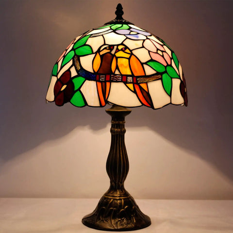 Tiffany Style Stained Glass Table Lamp With Dope Double Tropical Birds, Bedside Desk Reading Light for bedroom, 12x12x18 inches.