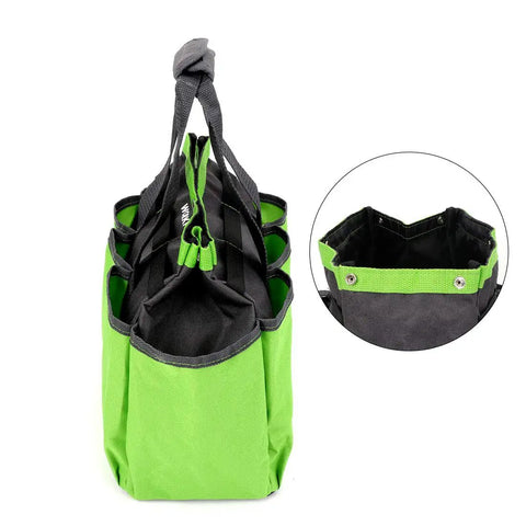 Side view of Heavy Duty Garden Tool Bag With 8 Pockets Oxford Gardening Tote, green and black, 12x12x6 inch, detailed pocket close-up.