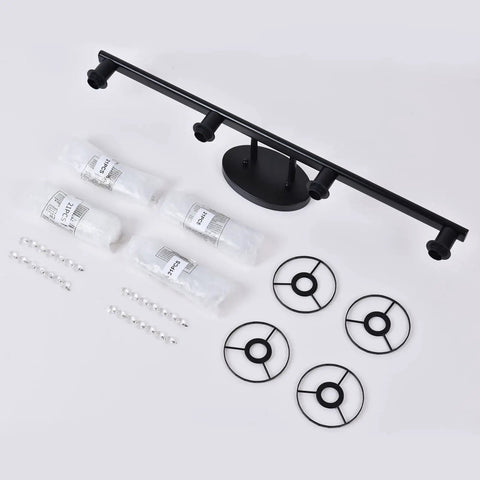 Matte Black 4 Light Crystal Vanity Light Over Mirror for Bathroom unassembled with parts and crystal strings visible
