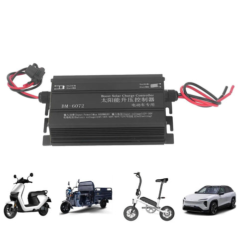600W MPPT Solar Charge Controller with Step-Up Design, 12-50V Input, LCD Display, metal shell, with scooter, tricycle, bike, and car