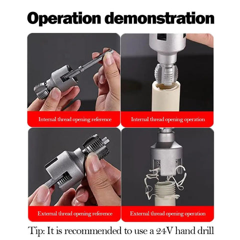 Solid 4 In 1 Water Pipe Threader Set For Fast Internal And External Threading Fits Inch And Inch PvC Pipes compatible with drill use.