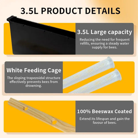 3.5L product details of 2 Pack 3.5L Beehive Feeder Set With Beeswax Coated Frames, showing large capacity, white feeding cage, and beeswax coated