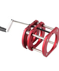 Detailed view of Rock Solid Woodworking Router Lift Base with aluminum alloy, stainless steel, and crank handle for precision jobs.
