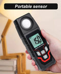 High Accuracy Handheld Light Meter With Lux And FC Switchable Units Measures 0.1 To 200000 Lux And 0.01 To 20000 FC LCD Backlit Display Ideal For Indoor Outdoor Film Photography And Lighting Setup. handheld black ABS meter in hand, front view