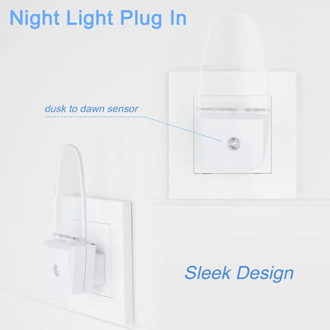4 Pack Plug In Blue LED Night Lights with Dusk to Dawn Sensor mounted showing sleek design and sensor detail