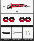 AVID Power 4-inch red angle grinder with 8.0A motor; includes 2 cutting wheels, 2 metal grinding wheels, and side handle.