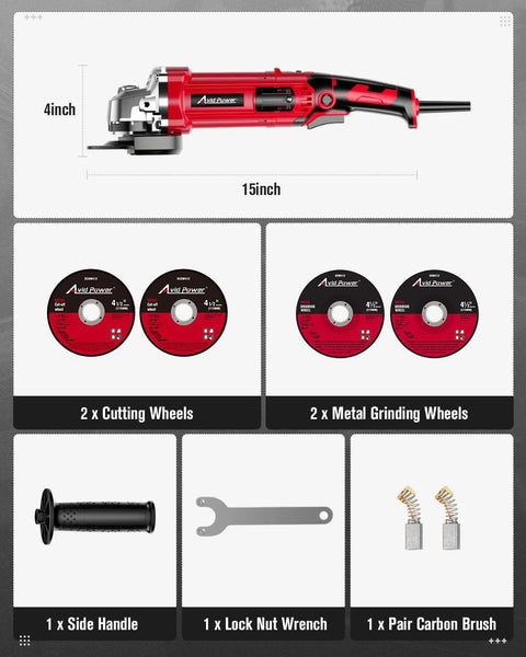 AVID Power 4-inch red angle grinder with 8.0A motor; includes 2 cutting wheels, 2 metal grinding wheels, and side handle.