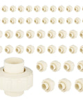 50 Pack CPVC Union Fittings 1 Inch By 1 Inch Slip Socket Pipe Connectors Featuring Slick Push Fit Design EPDM O Ring Seal For No Sweat DIY Plumbing Repairs Easy Snap Together Setup Without Threading Or Welding arranged in a grid.