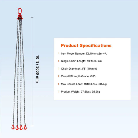Beefy Heavy Duty Chain Sling 3/8 Inch by 10 Foot Lifting Chain with Hooks for Engine Hoists, Built to Handle 18,400 Lbs (8 Tons), G80 Steel, 4 Leg Grab Hooks and Easy Adjusters, 4-leg chain sling with red hooks and 10 ft length