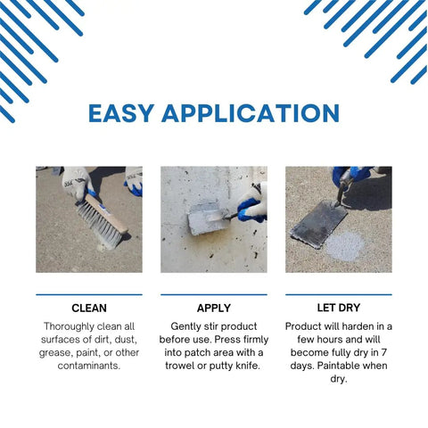 Clean apply let dry steps for Pre Mixed Concrete And Stucco Patch For Exterior And Interior Repairs DIY Friendly No Mixing Needed Ready To Use Gray Paste One Quart With High Strength Adhesion For Walls Floors Holes Cracks And Surface Defects