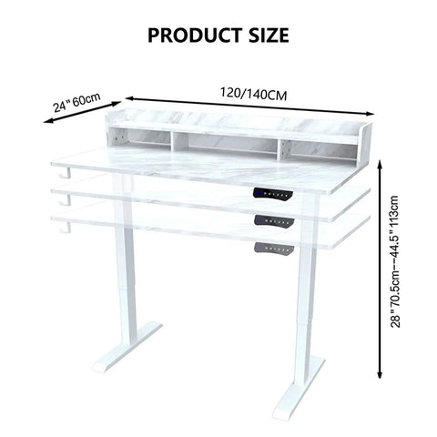 Ditch The Slump With This Electric Standing Desk Adjustable Height Platform Featuring Smart Led Controls Four Memory Presets And Child Safe Lock For Stress Free Sitting Or Standing During Your Daily Grind, showing product size and dimensions.