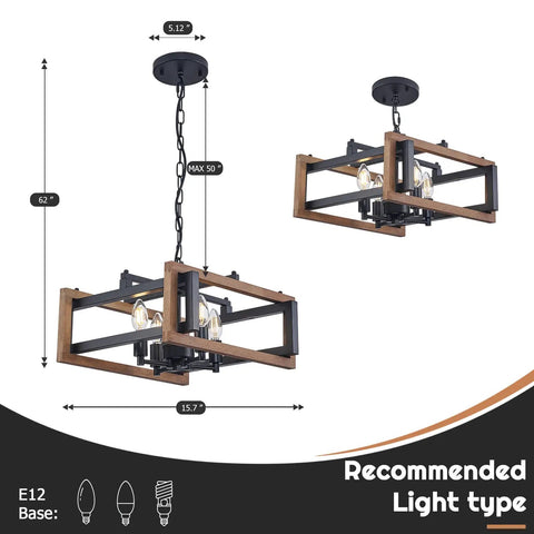 Dope Farmhouse 4 Light Adjustable Chandelier For Dining Room And Kitchen Island Rustic Hanging Light Fixture With Matte Black Metal Body And 4 Candle Arm Lights Ideal For Entryway Foyer Living Room Wood Finish