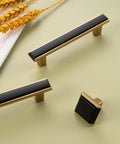 Matte Black and Gold Cabinet Pulls Set, 5 Pack, 5 Inch Center-To-Center Two-Tone Hardware displayed on a light surface