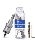 Front view of GRIXLEN 1-inch tungsten carbide tipped hole saw kit with M2 pilot bits, 25mm depth, hex key