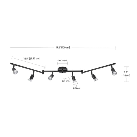 Six Light Foldable Track Lighting Kit With Adjustable Heads And Bendable Arms In Matte Black Finish shown with dimensions