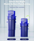 Two blue water filters for standard pitchers and dispensers, showing long and short models for filtration systems.