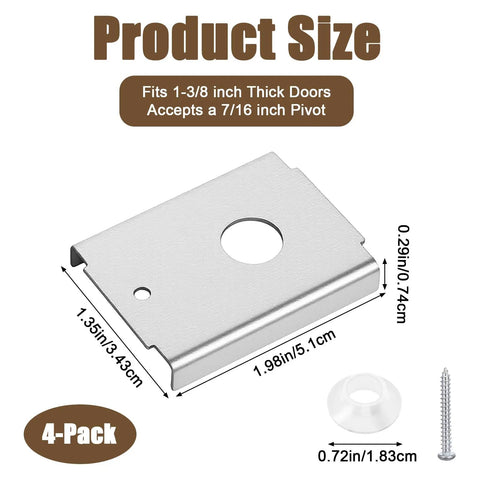 Dimensions of Beefy Stainless Steel Bi Fold Door Repair Kit for 1-3/8 Inch Wood Doors with bracket, screw, and silicone gasket.