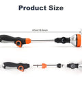 Diagram showing Long 18.5 Inch Garden Hose Wand with 180 Degree Swivel Head, 8 Spray Patterns, and adjustable nozzle, size details