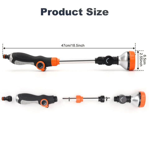 Diagram showing Long 18.5 Inch Garden Hose Wand with 180 Degree Swivel Head, 8 Spray Patterns, and adjustable nozzle, size details