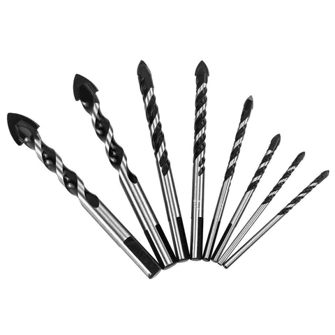 QWORK 8-piece tungsten carbide twist drill bit set, 3–16 mm, for multiple materials.
