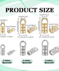 Must Have Cord End Caps Set For Jewelry Making 48 Pieces Brass End Caps With Loops showing sizes and colors in platinum and gold