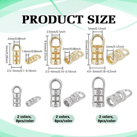 Must Have Cord End Caps Set For Jewelry Making 48 Pieces Brass End Caps With Loops showing sizes and colors in platinum and gold