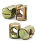 Close-up of M6 and M8 Barrel Bolts With Hammer Embedded Nuts Cross Dowels Slotted Fittings For Beds Cribs And Chairs, zinc plated.